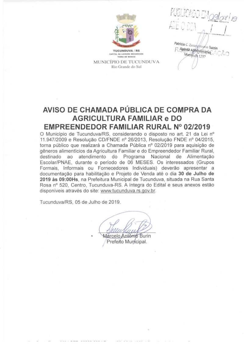 AVISO DE CHAMADA PÚBLICA Nº 02/2019 - AQUISIÇÃO DE GÊNEROS ALIMENTÍCIOS DA AGRICULTURA FAMILIAR E DO EMPREENDEDOR FAMILIAR RURAL
